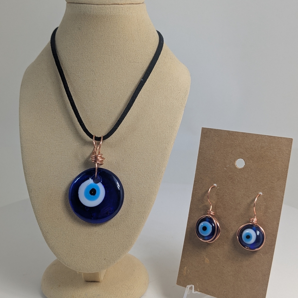 Evil Eye Pendant With Matching Earrings, Copper Wire Wrapped Protective Stone